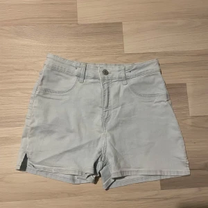 Ljusblå shorts - Säljer ett par ljusgrå shorts med hög midja. De har en knapp och dragkedja framtill samt små slitsar på sidorna. 