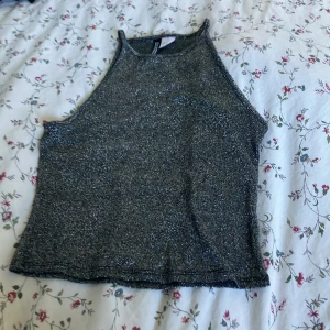 Glittrig croppad topp från H&M Divided - Säljer en glittrig croppad topp från H&M Divided i storlek XS. Toppen är ärmlös med hög hals och har en snygg silverfärgad finish som verkligen sticker ut. Perfekt för dig som vill ha något extra till outfiten!