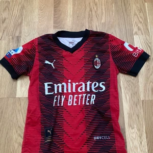 AC Milan röd matchtröja Puma - AC Milan fotbollströja från Puma i rött med svarta grafiska ränder och detaljer. Kortärmad med svart krage och muddar, broderat klubbmärke på bröstet och tryckta sponsorer. Tillverkad i lätt och ventilerande polyester med DryCell-teknologi BARN STORLEK.