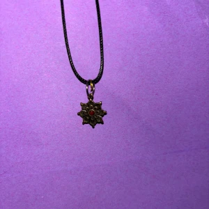 Svart halsband med stjärnformad berlock - Unikt svart halsband med en stjärnformad berlock i antikguld och en liten röd detalj i mitten. Hängsmycket har fina detaljer och hänger på en tunn svart snodd med justerbar kedja. Perfekt för dig som gillar vintage vibes och vill sticka ut.