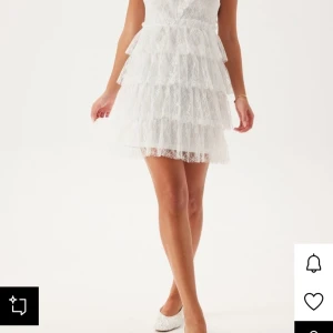 Vit spetsklänning med volanger - Superfin vit kortklänning i spets med flera lager volanger och pärlknappar i ryggen. Klänningen är ärmlös och har v-ringning samt romantiska spetsdetaljer över hela plagget. Perfekt för dig som vill sticka ut med en söt och feminin look.