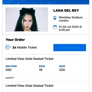 LANA DEL REY LONDON KONSERT - Säljer två biljetter till Lana Del Reys konsert på Wembley arena i London. Kunde inte gå pga jobb. 