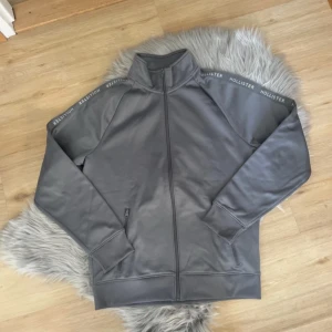 Grå jacka från Hollister - Snygg grå jacka från Hollister med dragkedja och hög krage. Jackan har långa ärmar med märkets namn längs ärmarna. Perfekt för en stilren och avslappnad look.