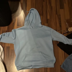 Ljusblå hoodie med fjärilstryck - Säljer en ljusblå hoodie med stor fjäril och text på ryggen. Tröjan har huva med snörning och en klassisk magficka framtill. Materialet känns mjukt och skönt, perfekt för chill dagar. Trycket på ryggen gör den extra unik och snygg.