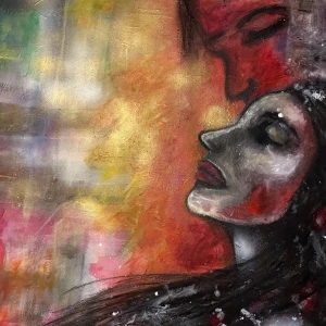 Akrylmålning  - Stor akrylmålning med färgglatt drömskt intryck. 100x100 cm. 