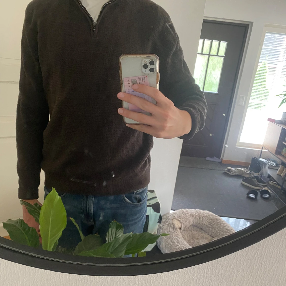 Mörkbrun stickad half zip-tröja - 1