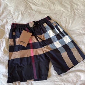 Burberry shorts - Snygga shorts från Burberry med klassiskt rutigt mönster i svart, beige, vitt, blått och en vinröd detalj. De har elastisk midja med snörning och sidofickor. Perfekta för sommaren och ger en lyxig vibe till din outfit.