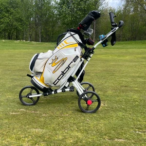 Vit och gul tourbag från Cobra - Säljer en snygg golfbag från Cobra i vitt med gula och svarta detaljer. Väskan har flera fack och tydlig Cobra-logga på sidan. Perfekt för att organisera golfklubbor och tillbehör på banan.pris kan diskuteras vid snabb och smidig affär