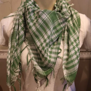 Palestina sjal Grön och vit rutig halsduk - Säljer en grön och vit rutig halsduk med fransar i kanterna. Halsduken har ett klassiskt mönster och är lätt och luftig, perfekt att slänga över axlarna för extra stilpoäng.