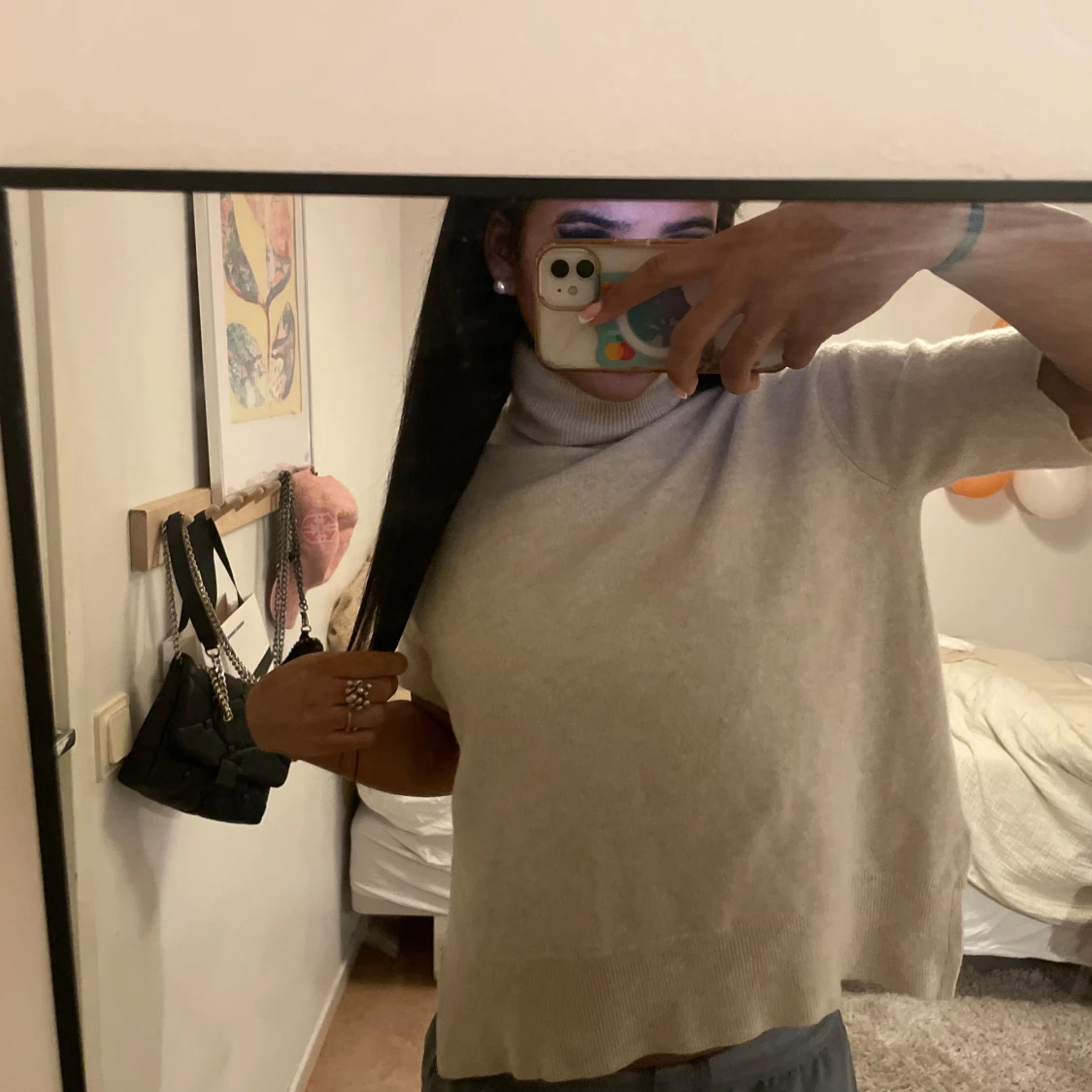 Beige croppad stickad polotröja - 1