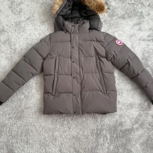 Grå dunjacka från Canada Goose storlek large - Säljer en stilren grå dunjacka från Canada Goose med en avtagbar huva kantad med päls. Jackan har en broderad logotyp på ärmen och stängs med både dragkedja och knappar. Perfekt för kalla vinterdagar