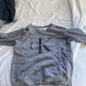 Grå sweatshirt från Calvin Klein Jeans - Säljer en stilren grå sweatshirt från Calvin Klein Jeans med stort CK-tryck på framsidan. Tröjan har långa ärmar och en rund halsringning. Perfekt för en avslappnad look.