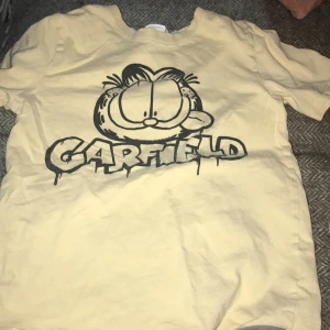 Beige Garfield t-shirt - Säljer en beige t-shirt med Garfield-tryck i svart. T-shirten har korta ärmar och en rund halsringning. Perfekt för alla Garfield-fans!