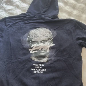 Mörkblå hoodie från 274 med tryck - Snygg mörkblå hoodie från 274 med coolt tryck på ryggen av en staty och städer som New York, Miami, Los Angeles och Detroit. Framtill finns en liten logga och huva med snörning. Perfekt för dig som gillar streetwear och unik design. Storlek M