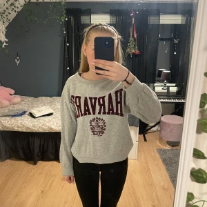 Grå Harvard sweatshirt - Säljer en grå sweatshirt med vinröd HARVARD-tryck framtill. Trycket är i lite mocka material. Ganska använd men fortfarande super fint skick!