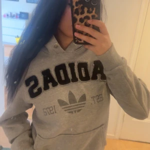 Grå hoodie från Adidas - Säljer en grå hoodie från Adidas med svart broderad logga och text på bröstet. Kommer inte till användning 