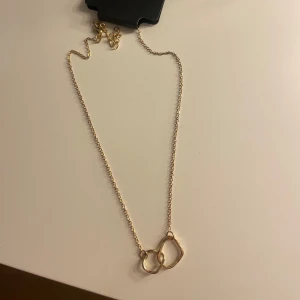 Guldigt halsband med två ringar - Snyggt halsband i guld med två sammanlänkade ringar som hänge. Kedjan är tunn och elegant, perfekt för att ge en stilren touch till din outfit. Justerbar längd med karbinlås.