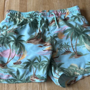 Pastellblåa badshorts från Gant - Snygga badshorts från Gant med tropiskt palmmönster i pastellblått, grönt, rosa och gult. Shortsen har snörning i midjan och broderad Gant-logga på benet. Perfekta för stranden eller poolen med sin lätta och snabbtorkande polyester. Nypris 500