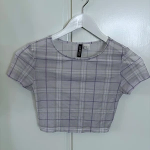 Ljuslila rutig croppad topp från Bershka - Säljer en croppad topp från Bershka i ljuslila och vitt med rutigt mönster. Toppen har korta ärmar och är tillverkad i ett tunt, mesh-liknande syntetmaterial. Perfekt för att skapa en trendig och luftig look.