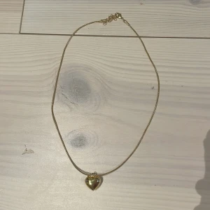 Guldigt halsband med hjärthänge - Säljer ett elegant halsband i guldton med ett blankt hjärta som hänge. Kedjan är tunn och smidig, perfekt för att ge en söt och stilren touch till din outfit.