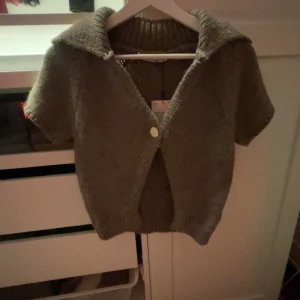 Stickad brun kortärmad kofta från Zara - Säljer en stickad brun kofta från Zara med korta ärmar och stor krage. Koftan har en knapp framtill och ribbad kant vid ärmslut, nederkant och krage. Perfekt för lager-på-lager och enkel att styla.