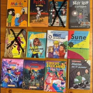 10 ungdomsböcker - En samling av 10 olika ungdomsböcker med titlar som 'Märta och stallkompisarna', 'Puzzel på cirkus', 'Nelly Rapp och spökaffären', 'Athena: Strålkastare tack!', 'Sune och Mamma Mysko', 'Cirkusdeckarna', Karma och Jonar och fler. Perfekt för unga läsare som gillar äventyr och mysterier.