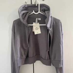 Grå croppad hoodie från H&M Divided - Säljer en grå croppad hoodie från H&M Divided med huva och dragkedja framtill. Tröjan har långa ärmar och ribbade muddar. Tillverkad av 34% återvunnen, perfekt för dig som gillar chill och streetstyle. Snygg att matcha med jeans eller joggers. New with label tags
