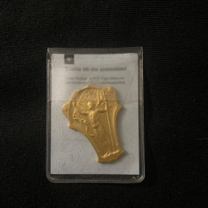 RF-tecken SM Ishockey 2015 guld - Unikt RF-tecken i guldton från Riksidrottsförbundet, utdelat till SM-medaljörer i ishockey 2015. Medaljen har en klassisk relief med atletmotiv och texten 'ISHOCKEY 2015 SM' på baksidan. Perfekt för dig som samlar på sportprylar eller vill ha ett minne från svensk idrott.