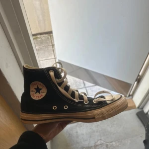 Svarta Converse Chuck Taylor All Star - Klassiska svarta Converse Chuck Taylor All Star med vita snören och gummisula. Höga skaft och rund tå, med den ikoniska loggan på sidan. Perfekta för en avslappnad och tidlös stil.