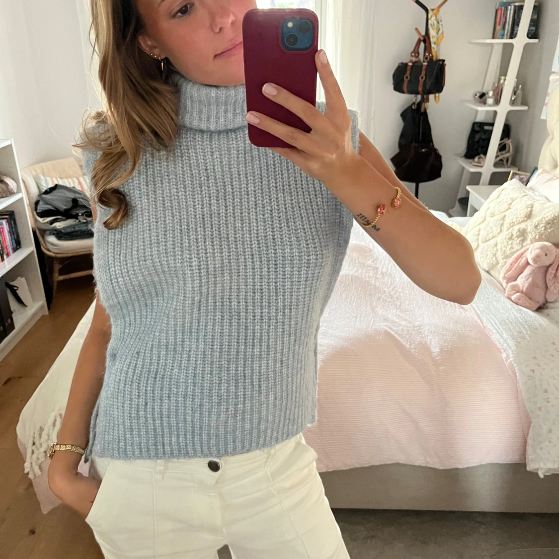 Ljusblå stickad ärmlös polotopp - 4