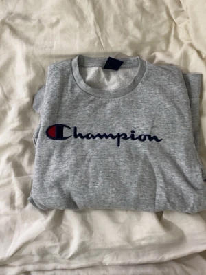Grå sweatshirt från Champion( 13/14år) - Säljer en klassisk grå sweatshirt från Champion med det ikoniska logotyptrycket i blått och rött på bröstet. Tröjan har rund halsringning och långa ärmar. Perfekt för en avslappnad och sportig stil.