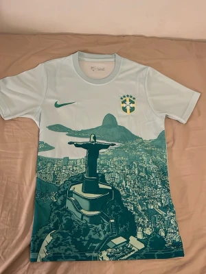 Nike Brasil fotbollströja ljusgrön - Snygg ljusgrön fotbollströja från Nike med Brasilien-emblem och ikoniskt tryck av Kristusstatyn och Rio de Janeiro. Tröjan har rund hals, korta ärmar och är tillverkad i ett lätt, snabbtorkande material. Perfekt för träning eller match!