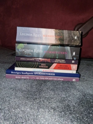 Böcker - spänning och äventyr - Säljer böcker med blandade skönlitterära titlar, bland annat 'Månsystern' och 'Stormsystern' av Lucinda Riley, 'Nevermoor', 'Den stora utställningen', 'Sveriges kusligaste spökhistorier' och 'Sov gott! 101 tips för bättre sömn'. Vill man ha fler bilder på böckerna är det bara att höra av sig💗Vi köp av flera böcker får man rabatt! Hör av dig vilken/vilka böcker du vill köpa samr vad du kan tänka dig att betala😊Alla böcker finns kvar