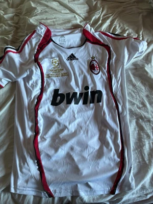 AC Milan Kaka' 22 matchtröja Adidas - Säljer en vit AC Milan matchtröja från Adidas med röda och svarta detaljer. Tröjan har tryck med Kaka' och nummer 22 på ryggen samt Champions League-märke och Bwin-logga på framsidan. Perfekt för fotbollsfans som vill sticka ut på planen eller läktaren.