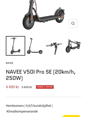 El fordon(8,5/10⭐)NAVEE V50i PRO, kvalitet,, Bra pris,  - Hej jag säljer min el sparkcykel, minimal słtage,laddare ingår(Skick 8,5/10⭐)efter noggrann inspektion och rengörng. Den har använts med kärlek, Priset snabb affär 2800Kr är rimligt men kommer gå ner i pris lite. Väldigt fräsch och smidig! Just nu så.är "nypriset"ca 5999kr. Original laddare ingår, laddar snabbt. minimal słtage, laddare ingår, skicket är en ärlig 8,5/10 efter noggrann inspektion och rengöring. ,(2800kr+frakt smidig elsparkcykel som tar dig från A-B).  Ifall ni har frågor PM mig 😊