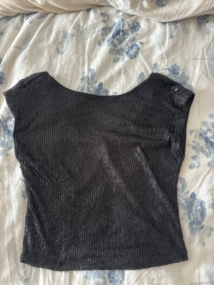 Svart glittrig topp med paljetter - Snygg svart topp med glittriga paljetter och rund halsringning. Toppen är ärmlös och har en croppad passform som ger en trendig look. Perfekt för dig som vill sticka ut lite extra med en glittrig vibe.