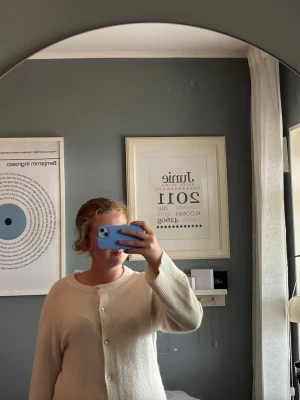 Krämvit stickad kofta med knappar - Krämvit stickad kofta med rund halsringning och pärlemorskimrande knappar framtill. Koftan har långa ärmar. Enligt mig så kliar den lite, jag är också lite känslig. Men mina kompisar som lånat de tycker inte de🤗🤗
