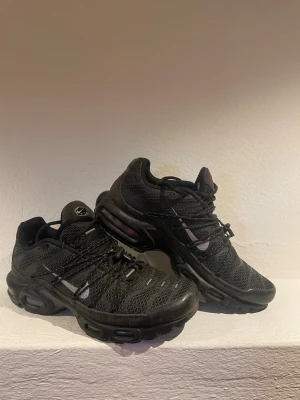 Svarta Nike Air Max TN Utillity sneakers - Säljer ett par svarta Nike TN Utillity sneakers med mesh- och syntetmaterial. Skorna har den klassiska TN-loggan bak, synliga luftkuddar i sulan och svarta detaljer. Snygg sportig look med lågt skaft och robust sula. Perfekta för dig som gillar streetwear. Pris kan diskuteras! 