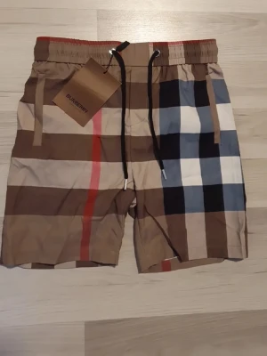 Rutig shorts med snörning Burberry - Säljer ett par snygga shorts från Burberry med klassiskt rutigt mönster i beige, svart, vit, blå och röd. Shortsen har snörning i midjan och en bakficka. Perfekta för sommaren och riktigt trendiga.