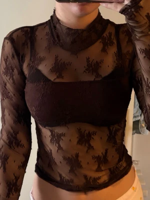 Brun mesh topp med spetsdetaljer - Säljer en brun mesh topp med lång ärm och hög krage. Toppen är genomskinlig med broderade spetsdetaljer och har en tight passform. Perfekt att styla med ett linne eller bh under för en trendig look.