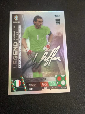 Legend fotbollssamlarbild Buffon - Säljer en exklusiv fotbollssamlarbild från Topps med motiv av Gianluigi Buffon. Kortet har LEGEND-signatur, italiensk flagga och glänsande detaljer. Perfekt för samlare av fotbollskort och sportmemorabilia.
