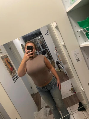 Beige ärmlös croppad topp - Säljer en beige, tight och croppad topp utan ärmar. Toppen har en enkel och clean design med hög hals och sitter figurnära. Perfekt att styla med jeans eller kjol för en trendig look.