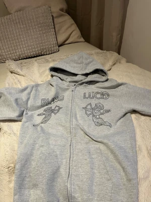 Grå hoodie från Bling Lucid med änglar - Snygg grå zip-hoodie från Bling Lucid med huva och coola änglamotiv i svart på bröstet. Texten 'BLING' och 'LUCID' är tryckt ovanför motiven. Tillverkad i mjukt bomullsmaterial, perfekt för chill dagar. Tröjan är i barnstorlek!