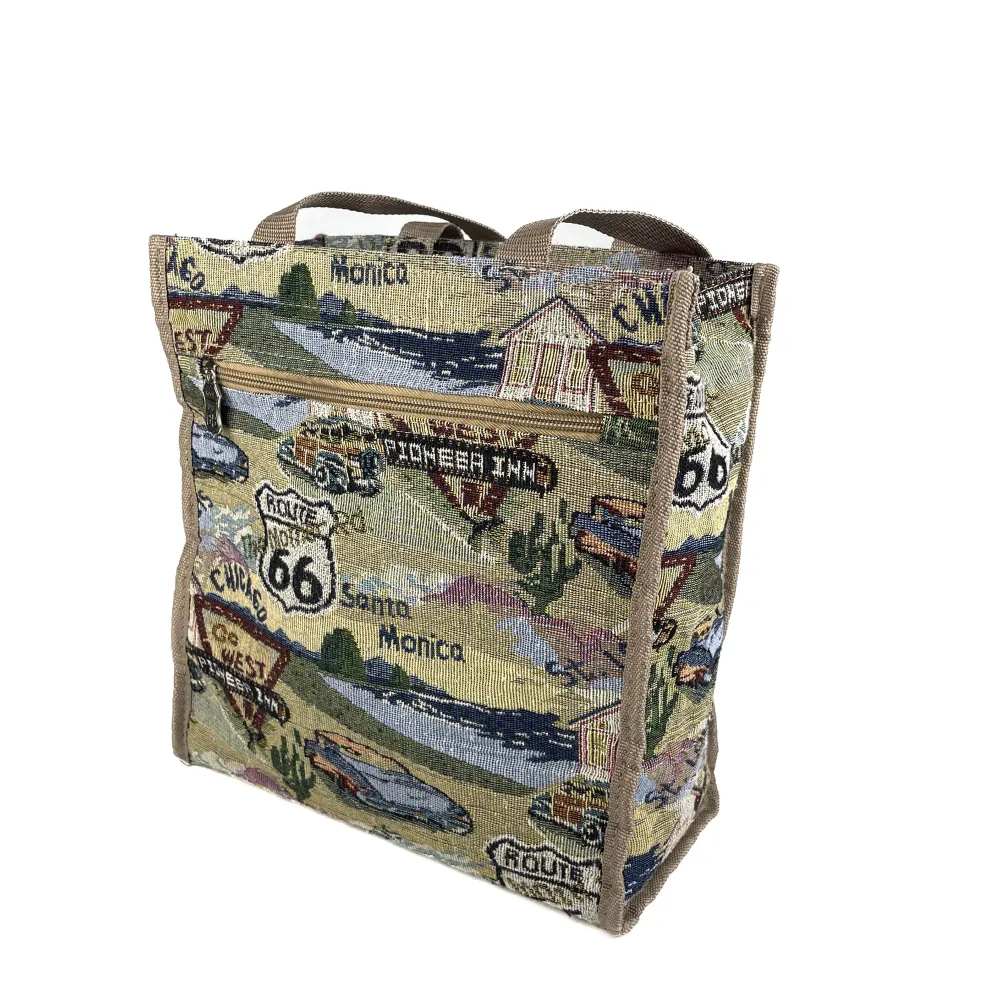 Vintage Y2K 90s 00s Route 66 tapestry tote bag. Bottle is not included. Barely visible signs of wear (see pictures). Measurements (approximate):  Width across: 29 cm, depth: 14,5 cm, height (no handle): 31cm, handle’s length: 70,5 cm. No returns . Väskor.