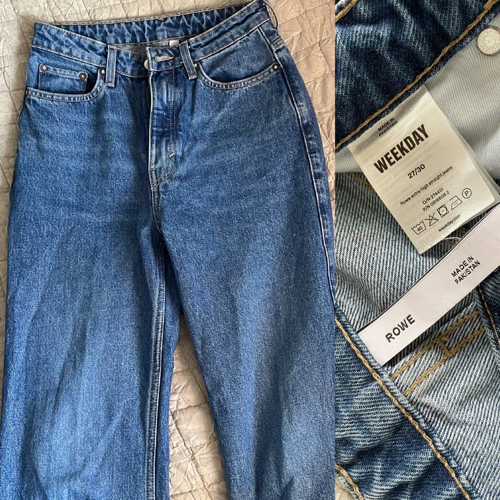 Ett par jeans som är nästintill helt oanvända. Köpte de ca ett år sedan men jag har knappt haft på mig dem. Så nu säljer jag dem så de slipper ligga o ta upp plats! Var svårt att få en helbild men längden är ned till anklarna :). Jeans & Byxor.