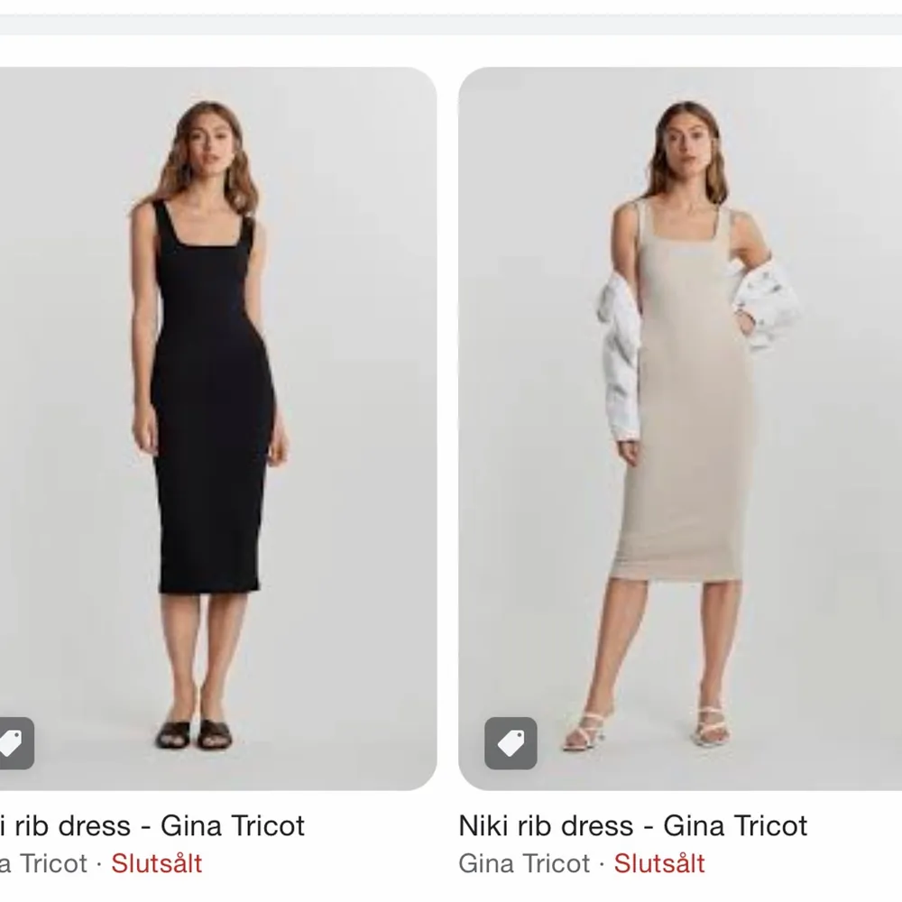 Söker niki rib dress i svart, beige och vit.  Liknande av annat märke kan det oxå fungera. Vill ha axelband, en bit nedanför knäna och slits! . Klänningar.