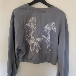 Croppad sweatshirt  - Grå sweatshirt med tryck. Ingen luva/snörning/dragkedja. Väldigt skön och använd en gång. Stort tryck på rygg, litet på bröstet.  Passar S-L