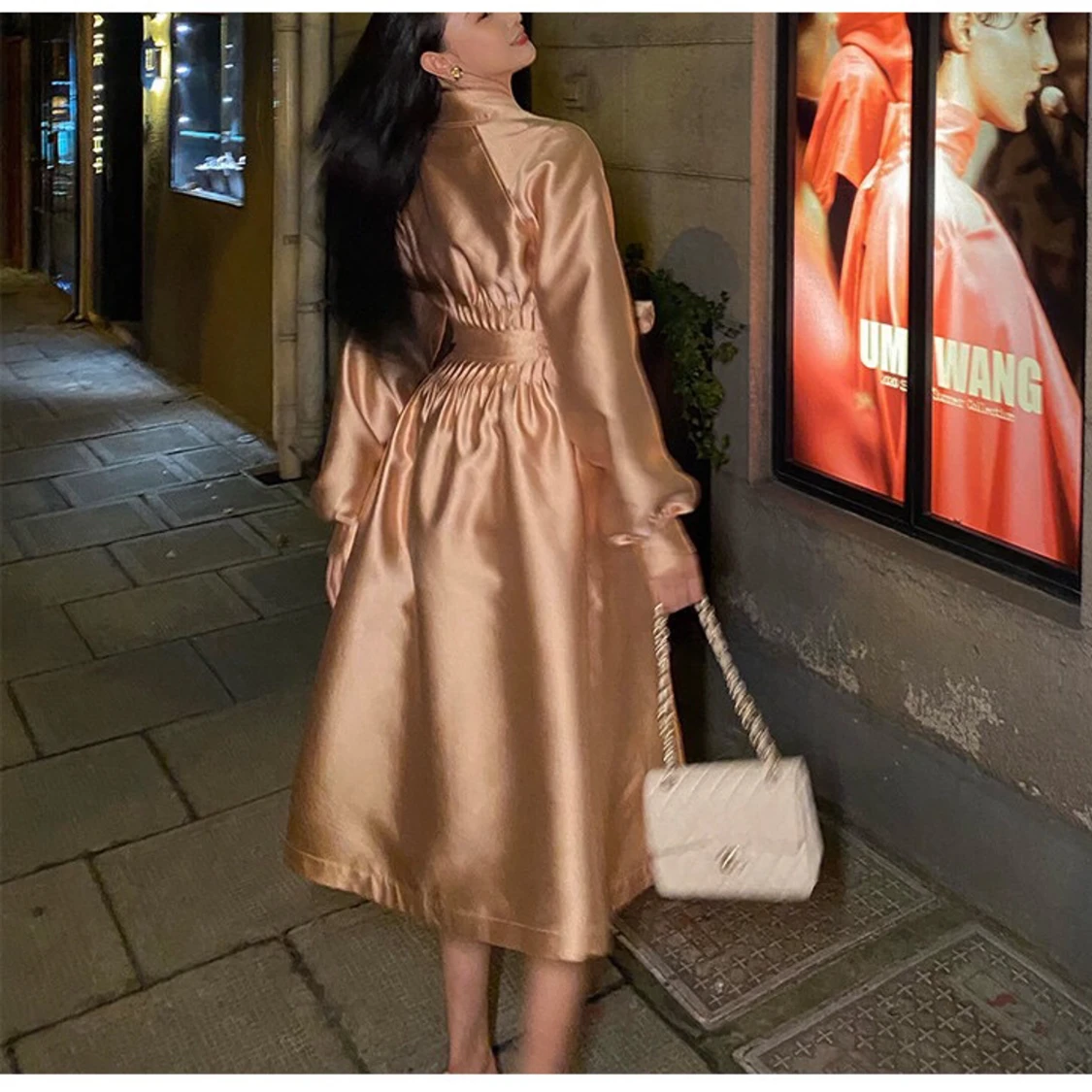 Rose Champagne Satin Trench Coat - 1