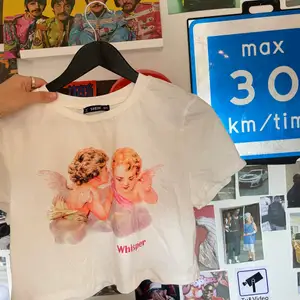 Urgullig croppad t shirt med rosa detaljer utöver änglarna och texten där det står whisper helt oanvänd! 💗 köpare står för frakt 😇 dm för frågor / fler bilder
