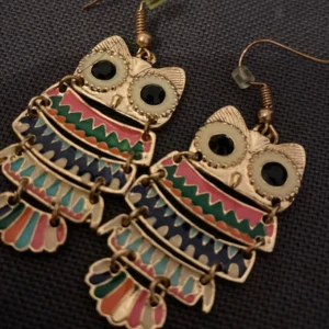 Färgglada uggleörhängen - Charmiga örhängen i form av ugglor med färgglada detaljer i rosa, blått, grönt och orange. De har svarta ögon och är gjorda i en metallisk finish. Perfekta för att ge en lekfull touch till din outfit.